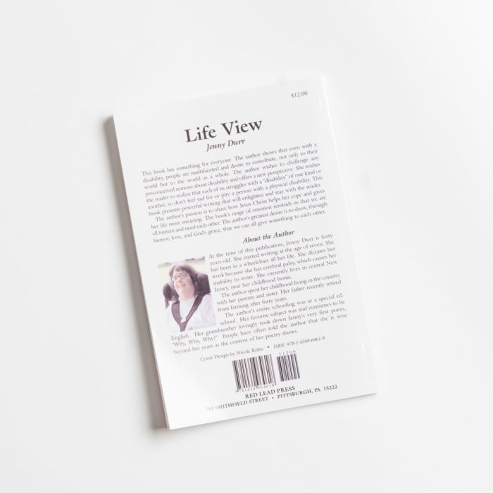 Back cover of book titled "Life View" by writer Jenny Durr.