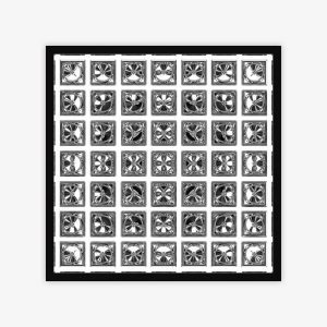 Painting by artist Alex Stojko featuring repeat squares with varying patterns in black and white.