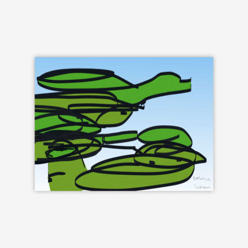 Painting by artist Josh Handler titled "Frogs Jumping off Lily Pads" featuring overlapping green shapes outlined in black on a blue background with gradation.