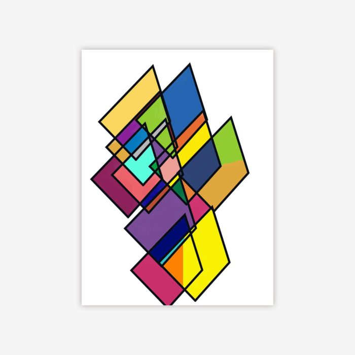 Painting by artist Cheryl Chapin titled "Stained Glass Triangle Maze" with colorful, overlapping geometric shapes, outlined in black, on a white background.