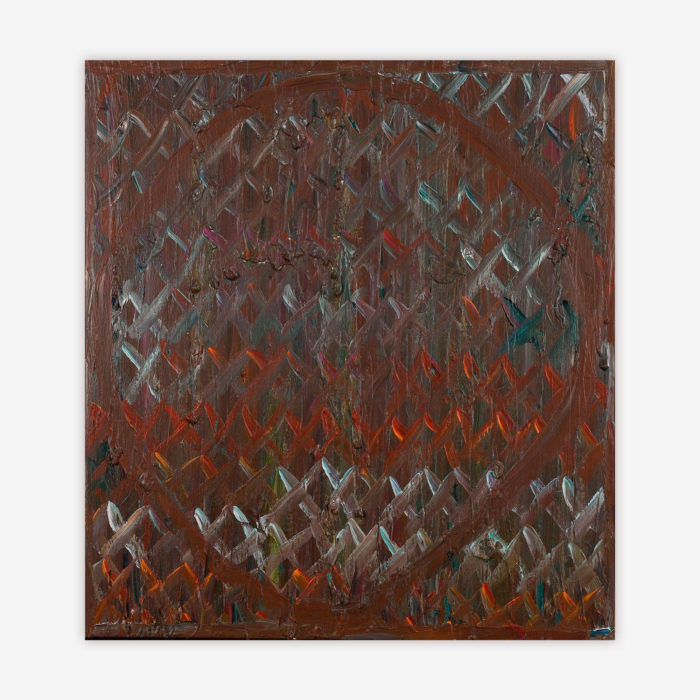 "Untitled" abstract painting by artist Lyndsay Fuller featuring an all-over criss cross pattern and subtle large circle with brown, orange, blue, and white color palette.