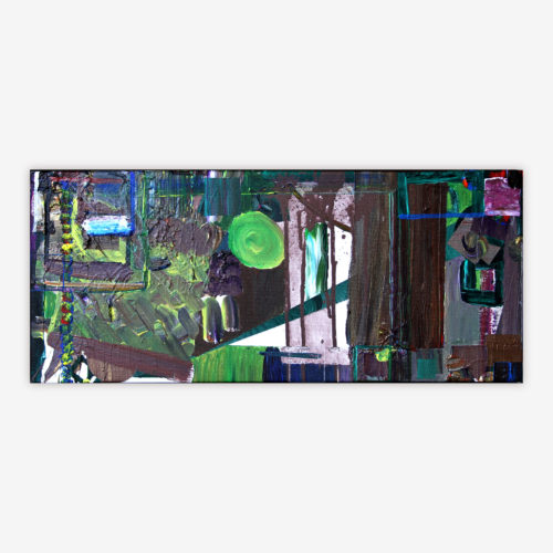 Abstract "Untitled" painting by artist Mike Martin featuring a complex pattern of shapes and texture in shades of green, blue, yellow, purple, white, and black.