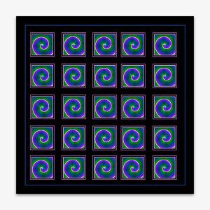 Painting by artist Alex Stojko featuring repeat squares with spiral design in black, blue, green, purple, and white.