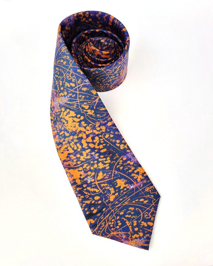 Silk tie with a purple and gold pattern based on an "Untitled" painting by artist Chester Cheesman.