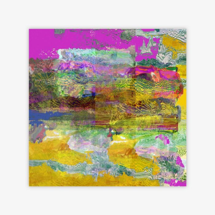 Abstract painting by artist Thomas Christian titled "The Colors of Rainbow" with colorful pattern in shades of purple, blue, yellow, and white.