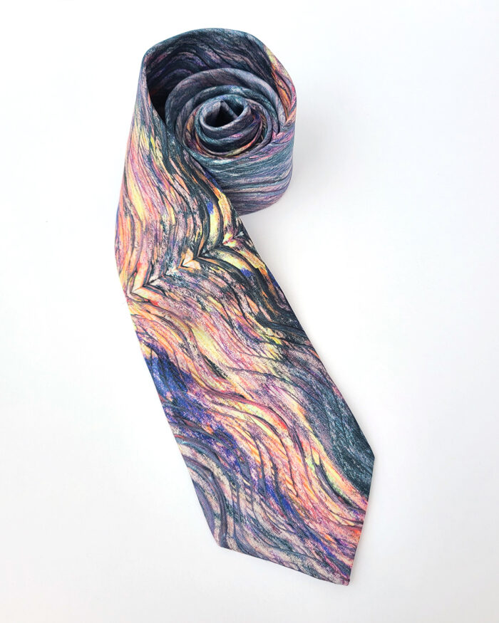 Silk tie with a blue, pink, and yellow pattern based on an "Untitled" abstract painting by artist Natalie Tomastyk.