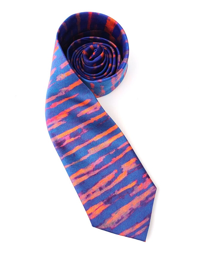 Silk tie in bright shades of blue and orange based on an "Untitled" abstract painting by artist Thomas Christian.