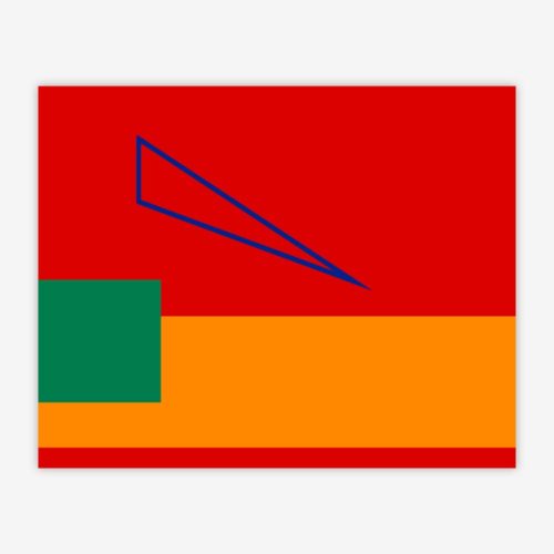Abstract "Untitled" painting by artist Christopher Ryan with geometric shapes in blue, green, and orange on a red background.