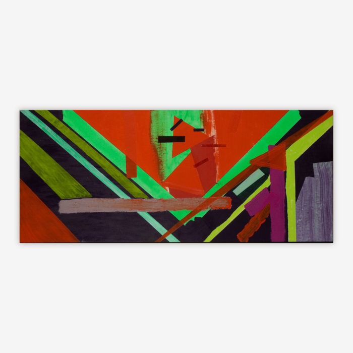Abstract "Untitled" painting by artist Gerald Taveres featuring variety of geometric shapes with green, red, purple, and black color palette.