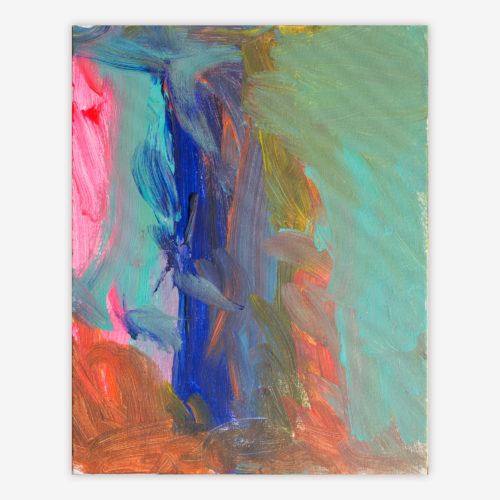 Abstract painting by artist Juanita Warren titled "Rainbow" featuring blue, pink, orange, and green color palette.