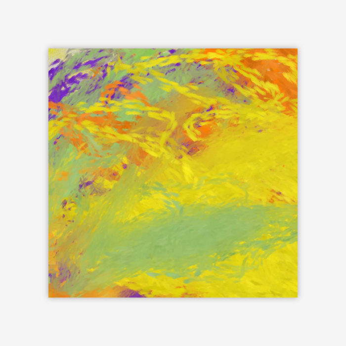 "Untitled" abstract painting by artist Lauren Nelson in bright shades of yellow, orange, green, and purple.
