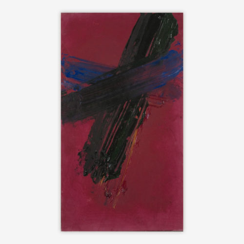 Abstract "Untitled" painting by artist Luis Carmona with bold black and blue brush strokes on a burgundy background.