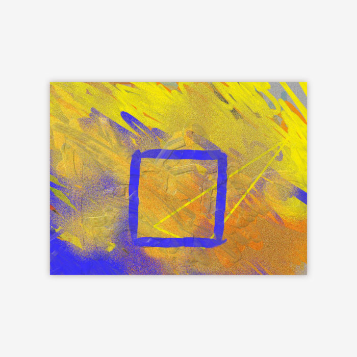 Abstract "Untitled" painting by artist Maryann Phillips featuring the outline of a square in bright blue with patterned background in shades of yellow, orange, and blue.
