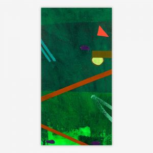 Abstract painting by artist Peter Nichols titled "The Forest in my Head" with variety of colorful geometric shapes on a blue green patterned background.