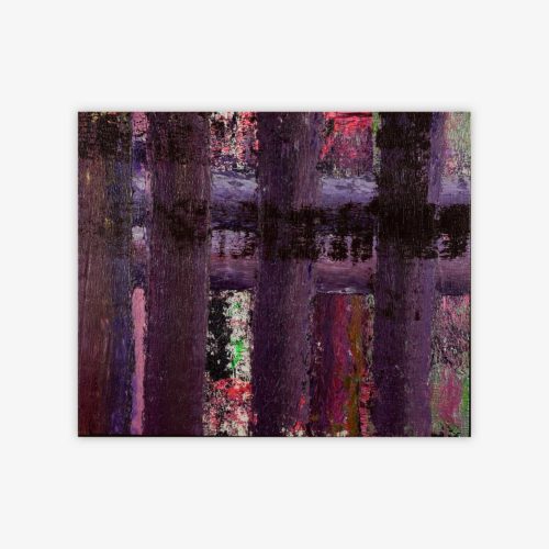 "Untitled" abstract painting by artist Kevin White featuring pattern and shapes in shades of purple, black, and pink with touches of white, green, and brown.