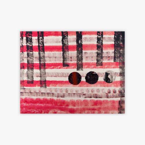 "Untitled" abstract painting by artist Kevin White featuring pattern and shapes in shades of red, black, and white.
