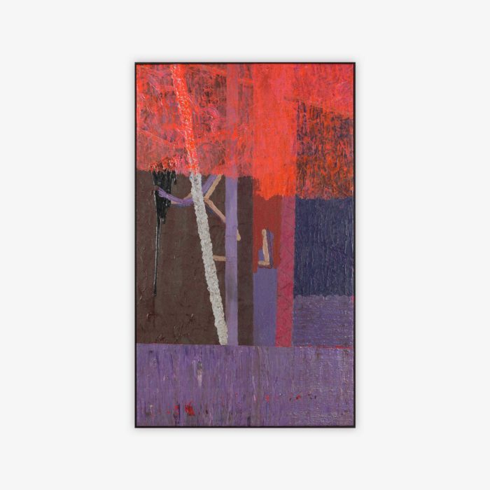 Abstract "Untitled" painting by artist James Lane with geometric shapes and pattern in shades of red, orange, purple, and black.