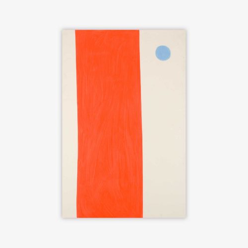 "Untitled" abstract painting by artist Cynthia Shanks featuring a bold orange rectangular shape and small blue circle on a light background.