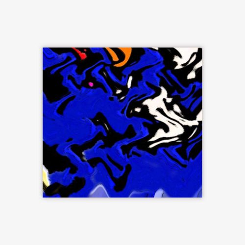 Abstract "Untitled" painting by artist James Lane with shapes and pattern in shades of orange, blue, white, black, and yellow.