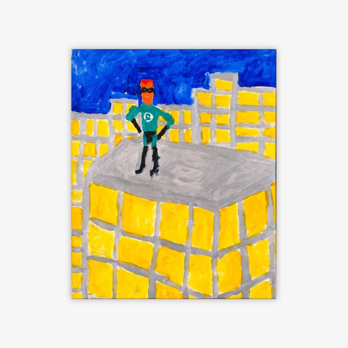 "Untitled" painting by artist Chris Palmer with a super hero figure on a yellow and grey vertical structure with blue sky in the background.