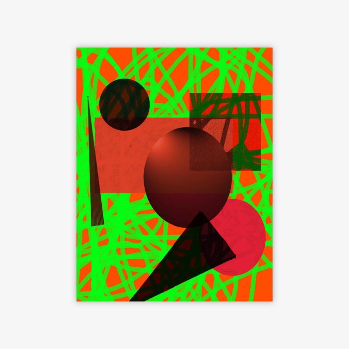 Abstract painting by artist Camille Van Valen titled "Orange" featuring geometric shapes and patterns in shades of orange, green, black, and red.