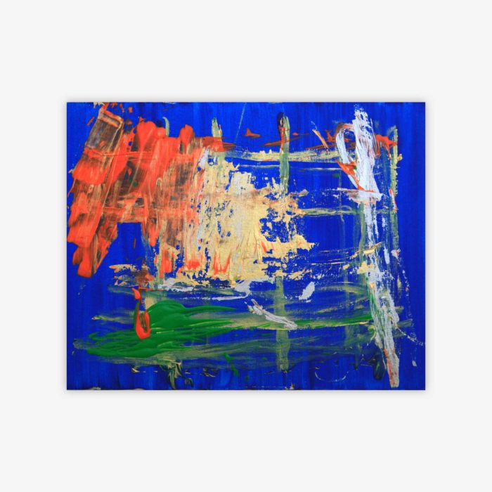 Abstract "Untitled" painting by artist Philip Fisher featuring blue, white, orange, and green color palette.