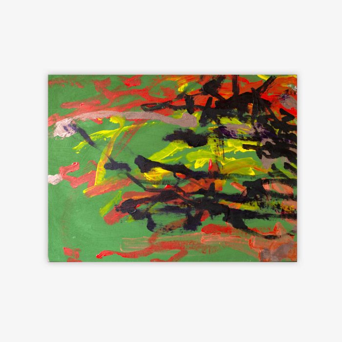 Abstract "Untitled" painting by artist Teddy Dobrich featuring shapes is shades of red, yellow, lavender, and black on a green background.