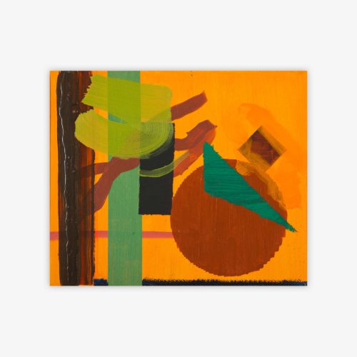 Abstract painting by artist Mike Young titled "Steam Roller" featuring a variety of shapes in shades of green, plum, brown, and black on a bright orange background.