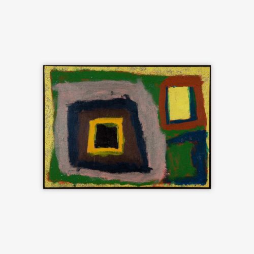 Abstract painting by artist Amy Ring titled "Beautiful Squares" featuring a variety of square shapes in shades of yellow, green lavender, blue, red, and black.