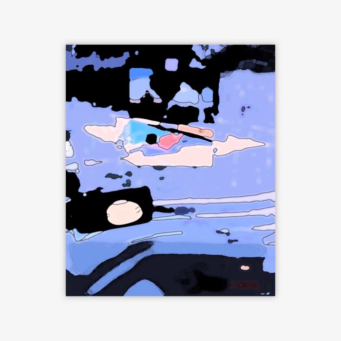 Abstract painting by artist Daniel Teresi titled "Lady in the Pool" featuring amorphous shapes in shades of blue, pink, and black.
