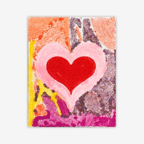 "Untitled" painting by artist Amanda Kochell featuring a heart shape and color palette of red, pink, orange, yellow, and purple.