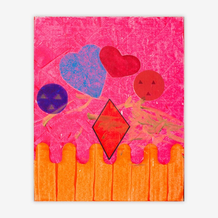 Painting by artist Faith Stolz titled "Hillsborough Makes Me Happy" featuring colorful shapes including hearts on a pink background.