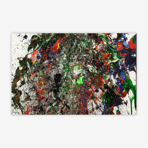 Abstract painting by artist Jason Christie titled "He-Man and the Masters of the Universe" featuring a colorful splatter paint design on a white background.