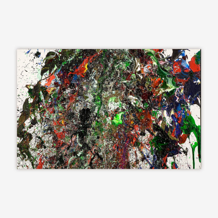 Abstract painting by artist Jason Christie titled "He-Man and the Masters of the Universe" featuring a colorful splatter paint design on a white background.