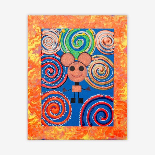 Painting by artist Jessica Evans titled "World of Wonder' featuring a figure surrounded by colorful spiral designs and blue background with an orange and yellow border design.