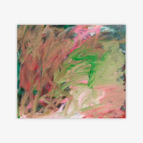 Abstract painting by artist Karen Frascella titled "Love" featuring a pink, green, blue, and white color palette.