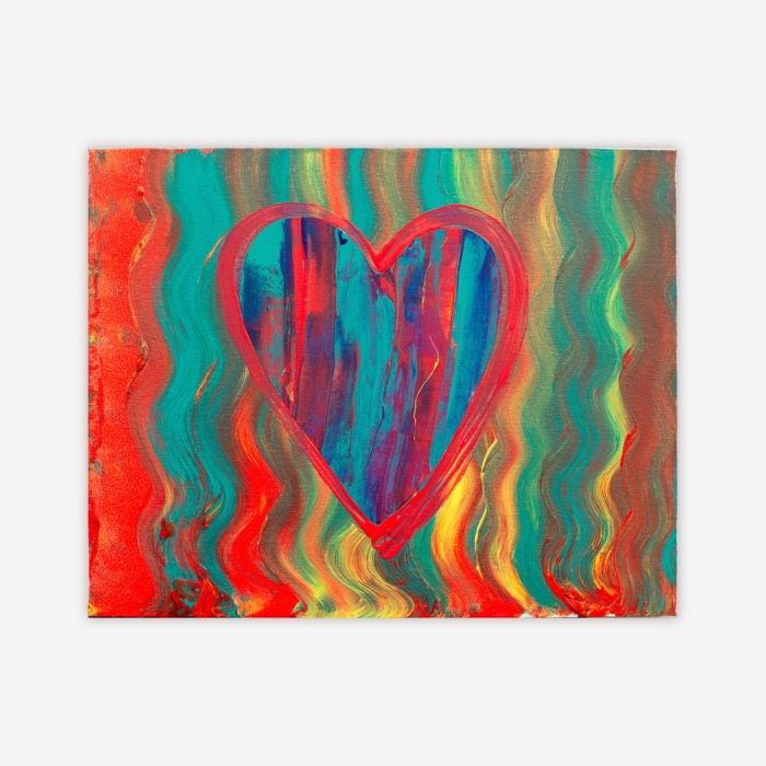 "Untitled" painting by artist Misty Hockenbury featuring a heart shape and color palette of red, blue, yellow, orange, and green.