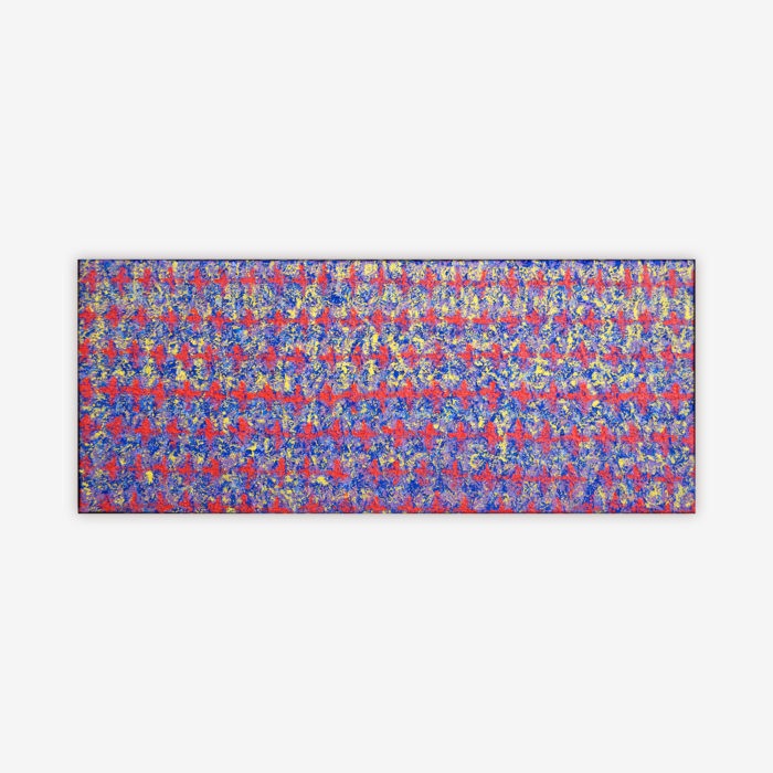 Abstract painting by artist Thomas Christian titled "The Color of Life" featuring an all-over pattern in shades of blue, red, and yellow.