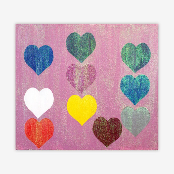 "Untitled" painting by artist Yasin Reddick featuring 10 hearts in shades of blue, green, yellow, white, and red on a purple background.