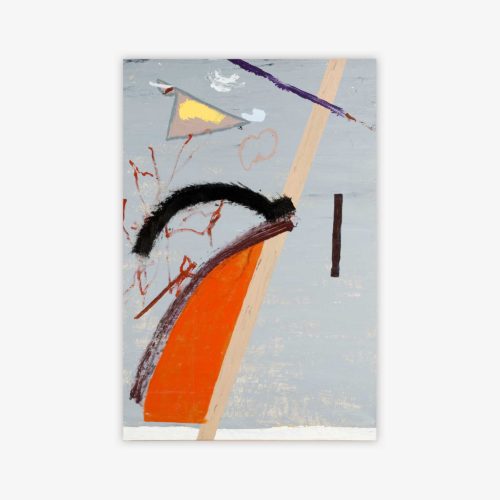 Abstract "Untitled" painting by artist Annie Paloff featuring orange, black, tan, and yellow shapes and patterns on a grey backgroung.