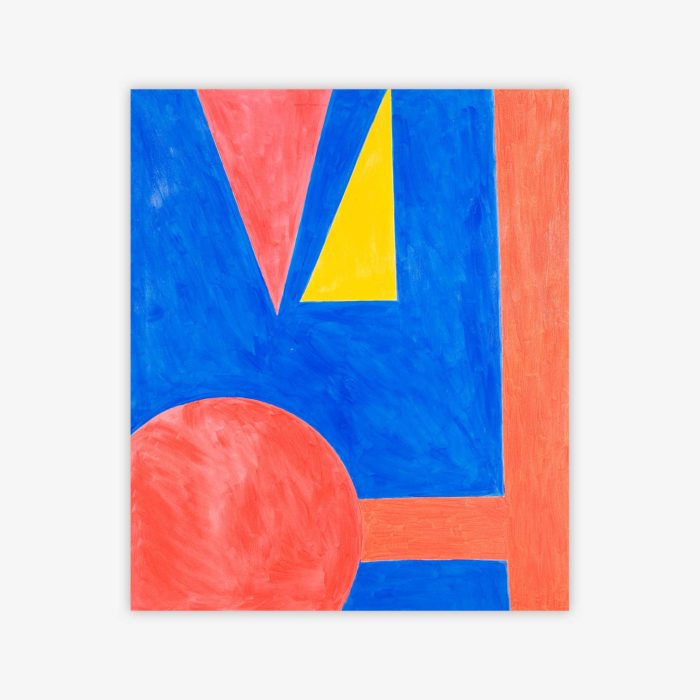 Abstract painting by artist Chet Cheesman titled "Don't Make Me Hurt You" with red and yellow geometric shapes on a blue background.