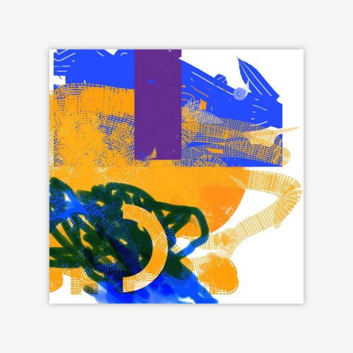 "Untitled" abstract painting by artist Carly Finley featuring shapes in blue, purple, green, and yellow on a white background.