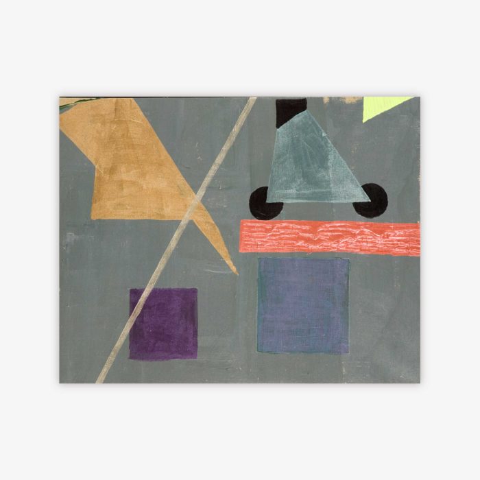 Abstract painting by artist Dennis Bernhardt titled "To Jessica" with geometric gold, purple, blue, black, and yellow shapes on a silver/grey background.