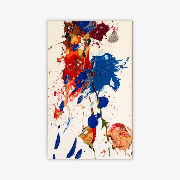 Abstract painting by artist Luis Rodriguez titled "Yankees Vs. Boston" featuring splatter in shades of blue, red, grey, gold, and black on a light background.