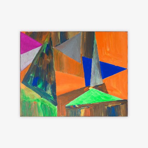 Abstract painting by artist Rasheedah Mahali titled "Gymnastics" featuring geometric shapes in shades of orange, blue, green, purple, and brown.