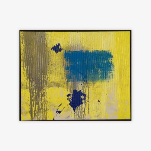 Abstract "Untitled" painting by artist Thomas Christian featuring blue and grey shapes on a yellow background.