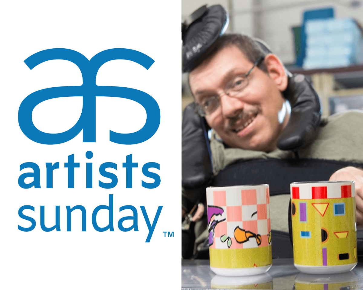 Artists Sunday logo next to artist Josh Handler with two mugs based on his artwork.