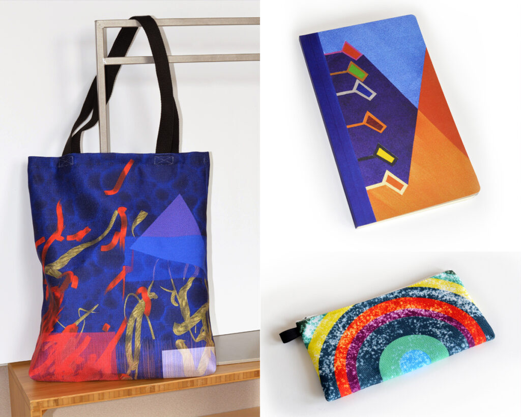 Tote bag, notebook, and pencil case based on artwork by several Arts Access artists.