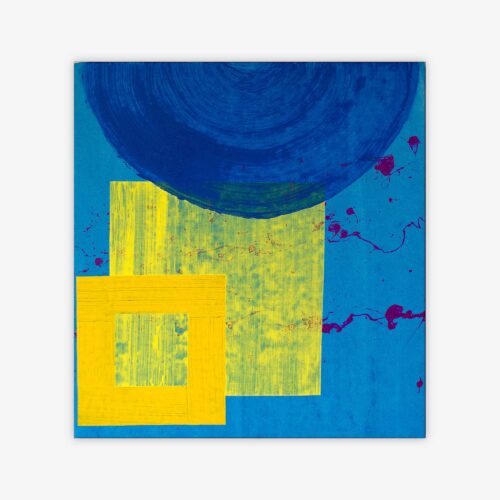 Abstract painting by artist Anthony Zaccaria titled "Beetlejuice" with geometric shapes in shades of yellow and blue on a blue background.