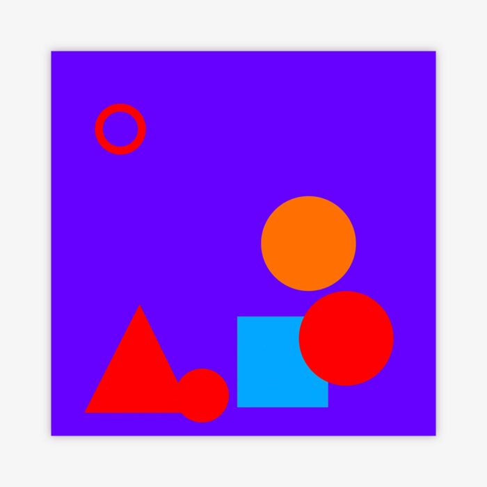 Abstract "Untitled" painting by artist Charlie Fieramosca with geometric shapes in shades of orange, red, and light blue on a darker blue background.
